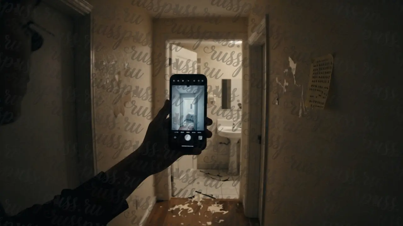 Человек смотрит на телефон с красивым фото, а за спиной — разрушающаяся реальность квартиры.