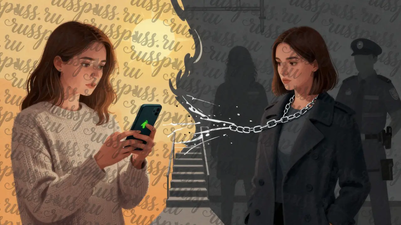 Символическое изображение перехода от подполья к цифровой безопасности через две фигуры женщин.