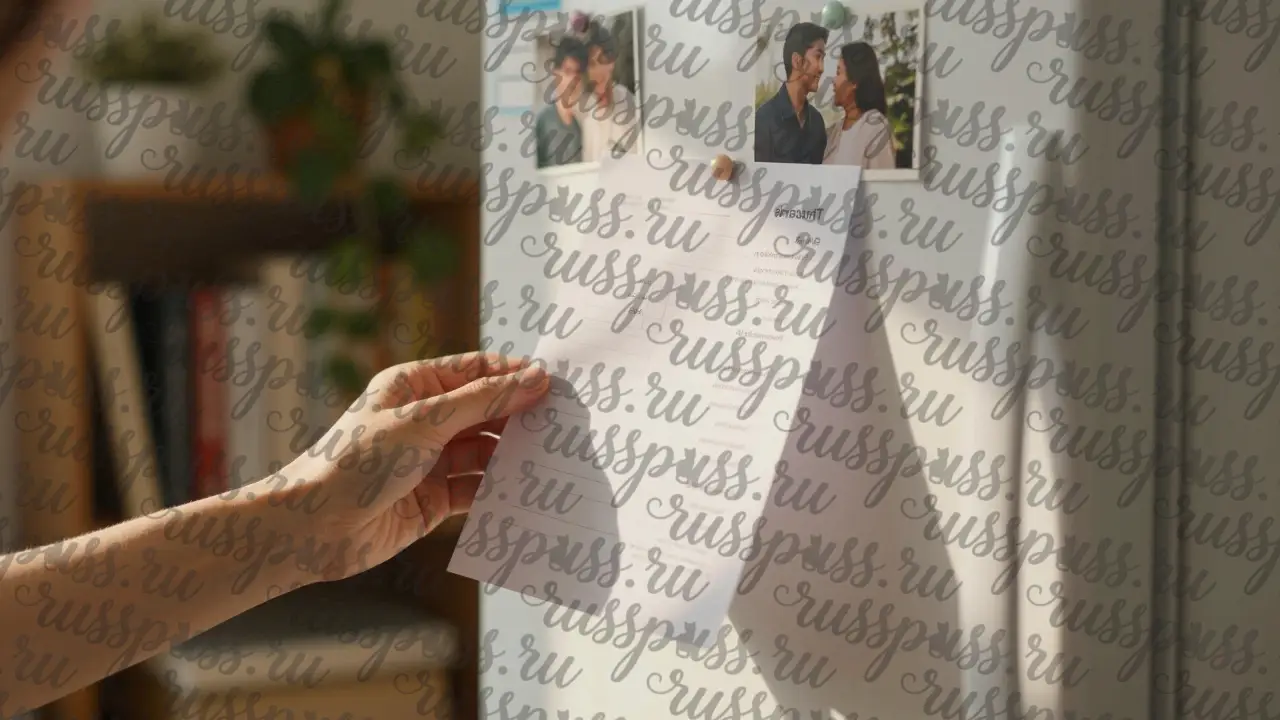 Договор о совместной жизни прикреплён к холодильнику рядом с фотографиями пары.