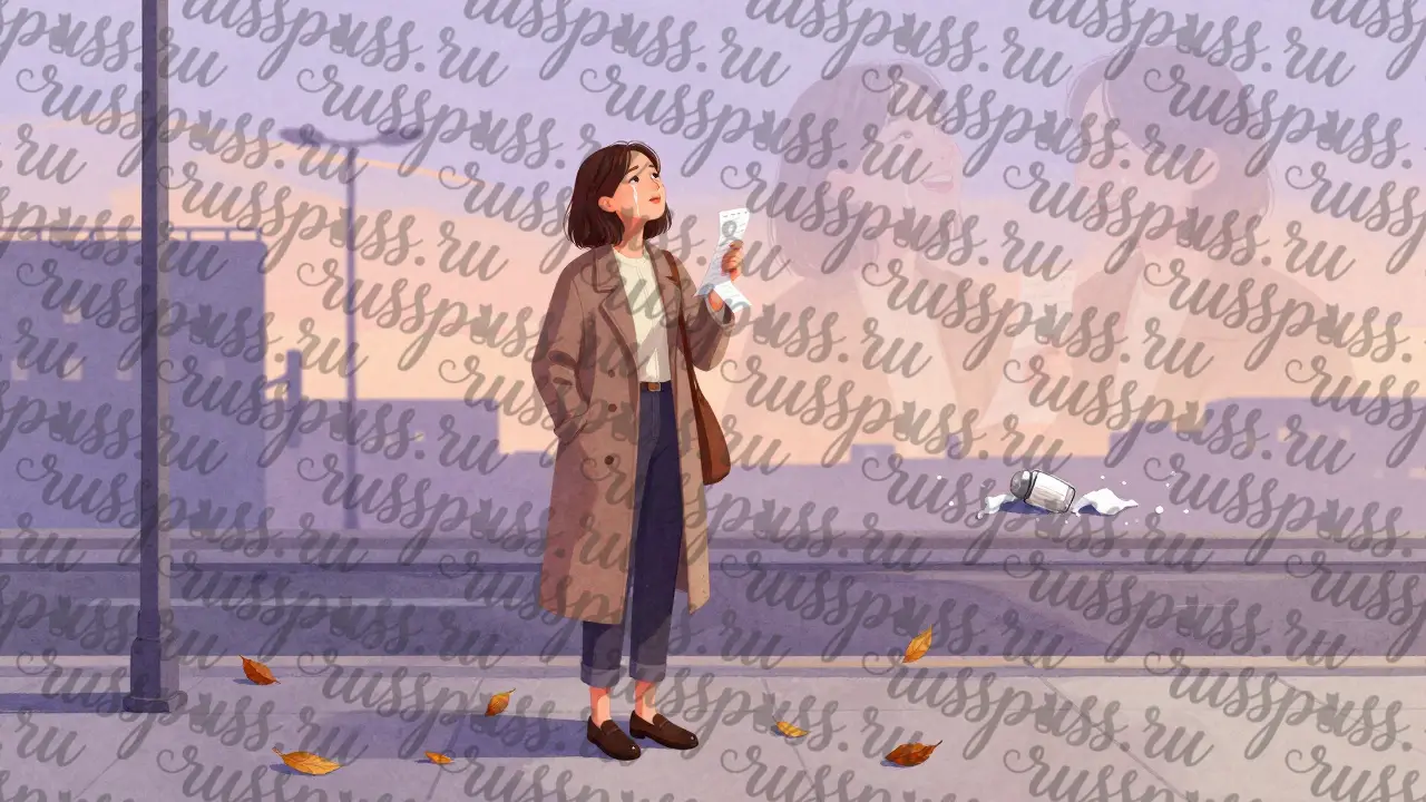 Женщина стоит на тротуаре, смотрит в небо, в руке держит чек из кафе, вокруг — листья.