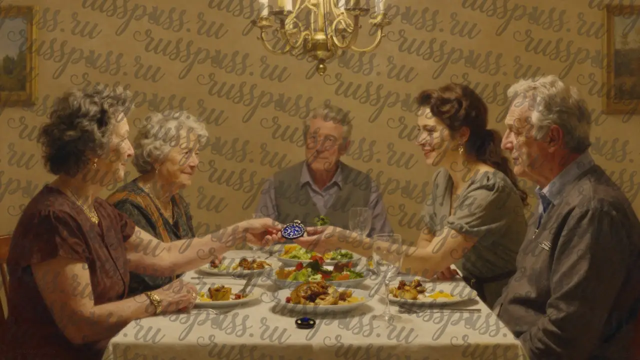 Семейный ужин: родители улыбаются, бабушка дарит кулон, молодой человек смотрит в сторону, скрывая напряжение.
