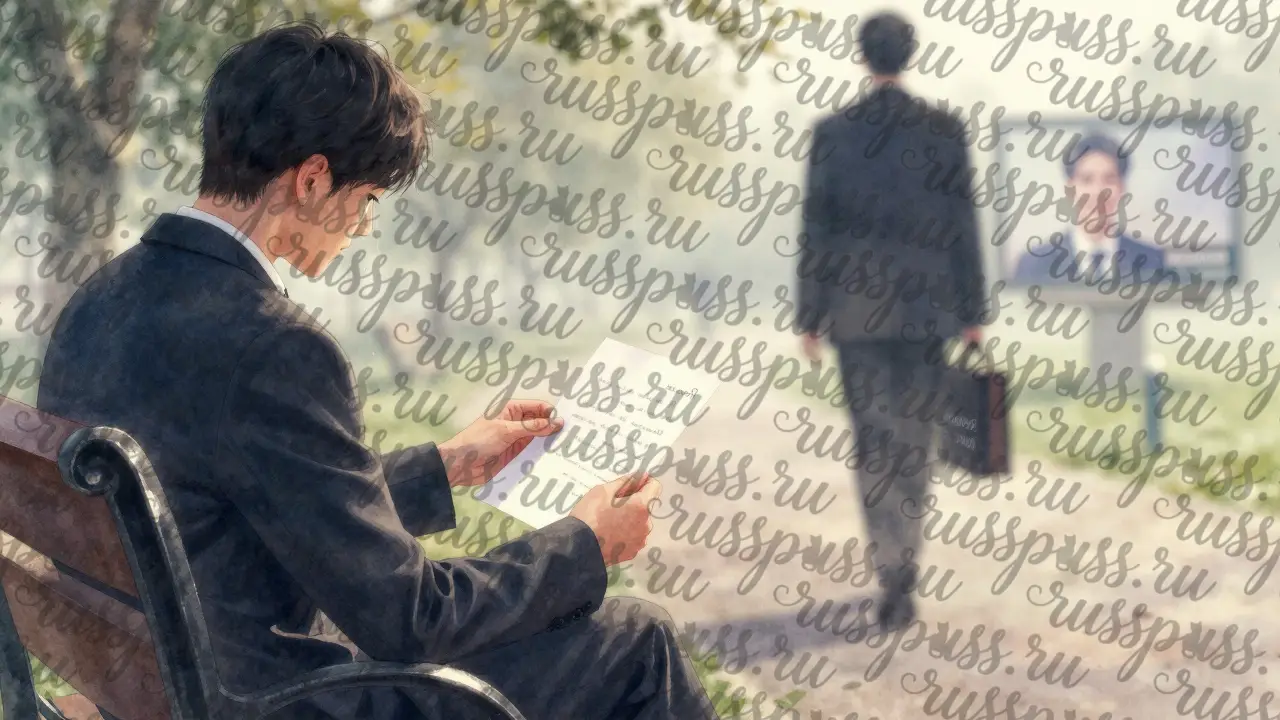 Человек сидит на скамейке на рассвете, держит письмо, слезы падают на бумагу.