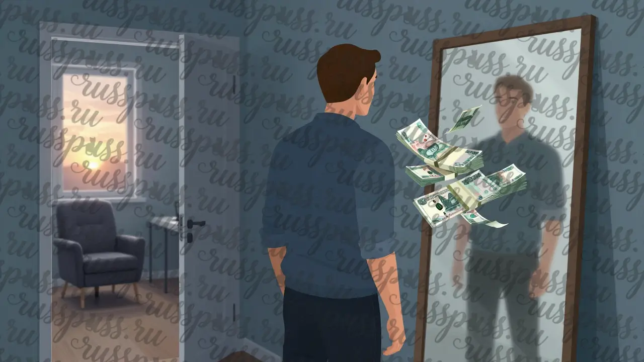 Мужчина смотрит в зеркало, его отражение — деньги, за спиной — дверь в кабинет психолога.