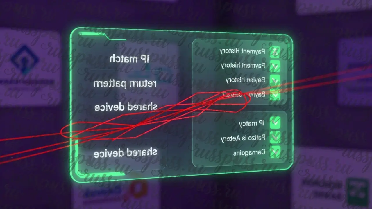 Цифровой профиль клиента с чистыми данными с одной стороны и красными рисками с другой, в киберпанковом стиле.