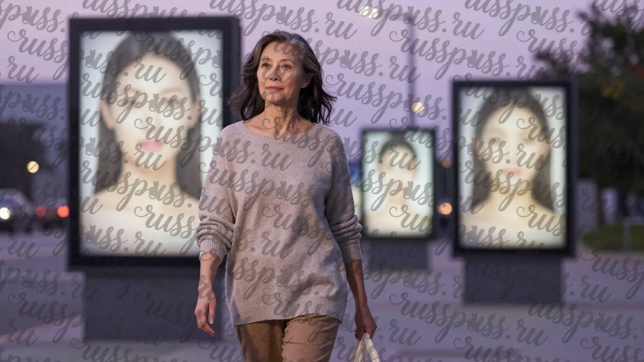 Женщина 40+ идёт по улице вечером, её лицо показывает возраст, но с достоинством, позади — рекламы идеальной красоты.