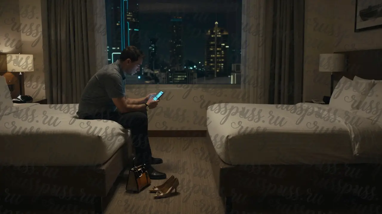 Пустой номер отеля в Дубае, мужчина сидит на кровати, на полу — дизайнерские туфли и сумка, за окном — ночной город.