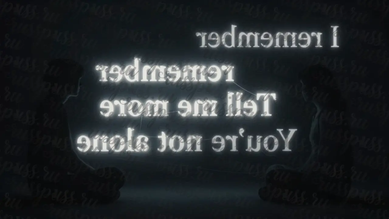 Два силуэта в темноте, соединённые светящимися словами — символ глубокого эмоционального соединения без прикосновений.
