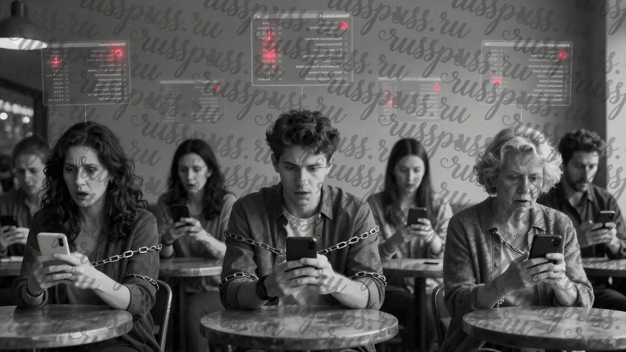 Люди, окутанные цифровыми цепями, связанными с невидимыми базами данных, выражения шока на лицах.