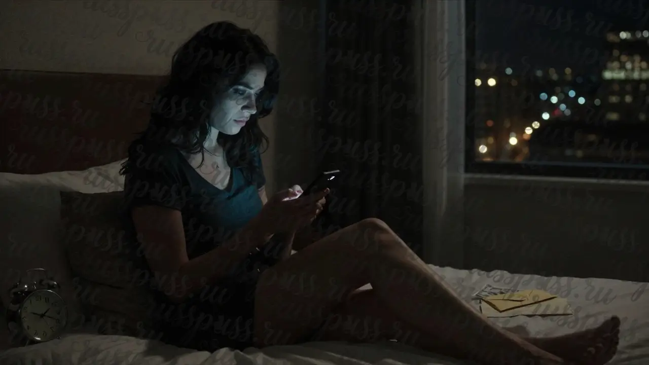 Женщина в полутени держит телефон с непрочитанным сообщением, рядом — конверт с деньгами и часы, показывающие конец встречи.