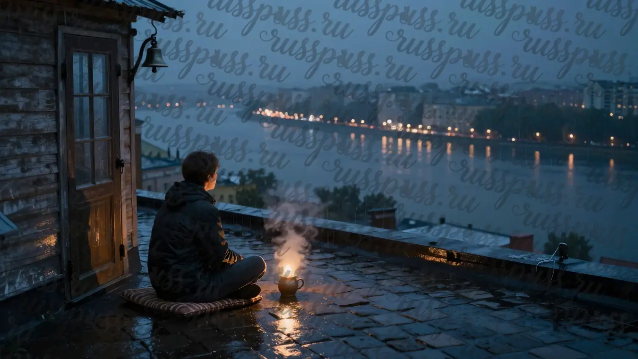 Одинокий человек на крыше после дождя в Нижнем Новгороде, чай и отражение реки.