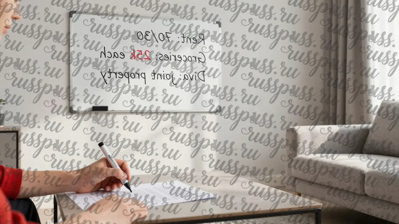 На стене — список совместных обязанностей, двое подписывают документ на диване.