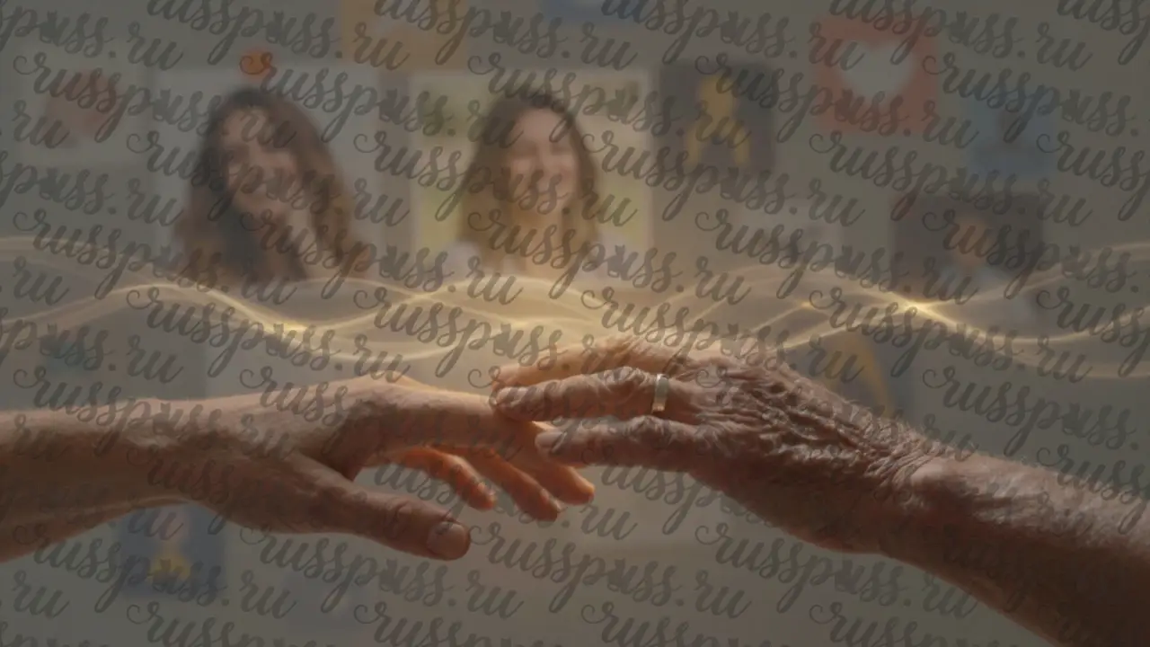 Две руки соприкасаются, между ними — световые волны, фон — тлеющие символы соцсетей, символизируя искреннюю связь вне фасадов.