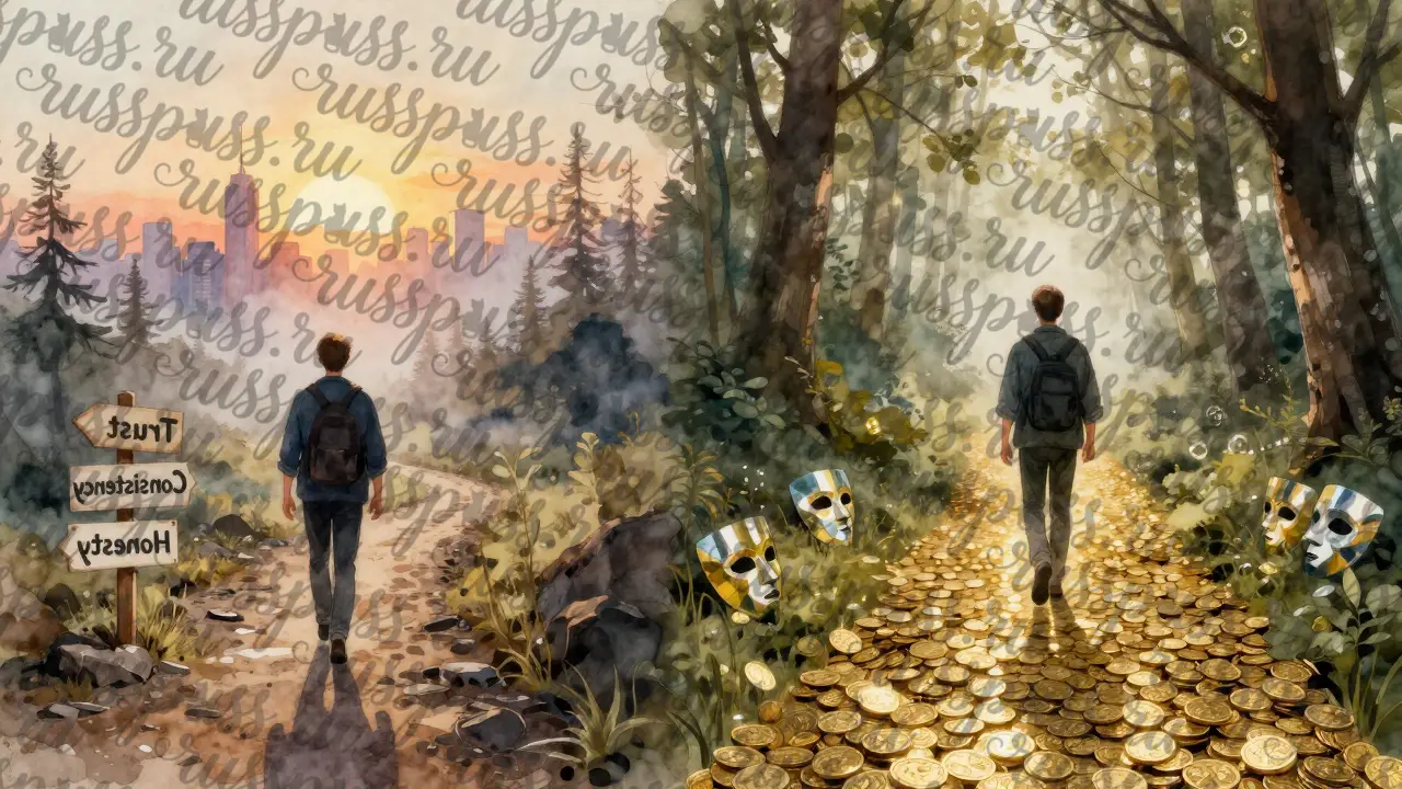 Два пути: один — иллюзорный, с золотыми монетами, другой — реальный, с надписями 'Доверие', 'Последовательность'.