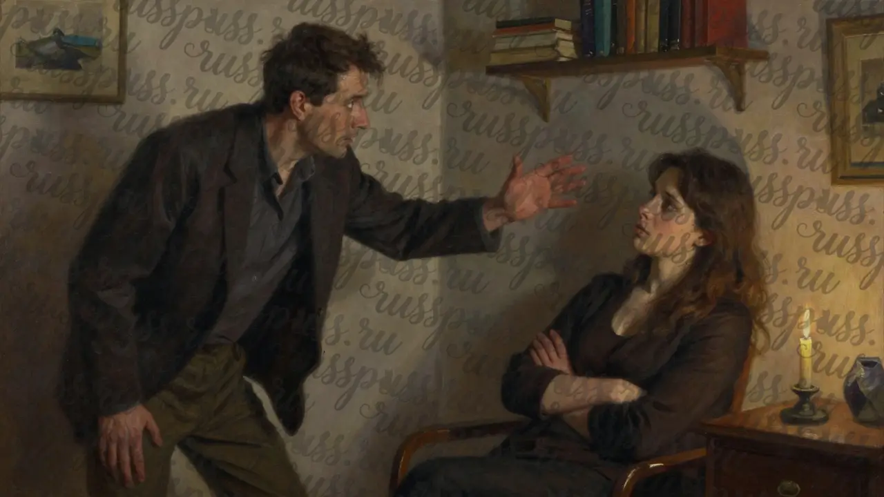 Мужчина перебивает женщину во время разговора, она отстраняется, чувствуя подавленность.