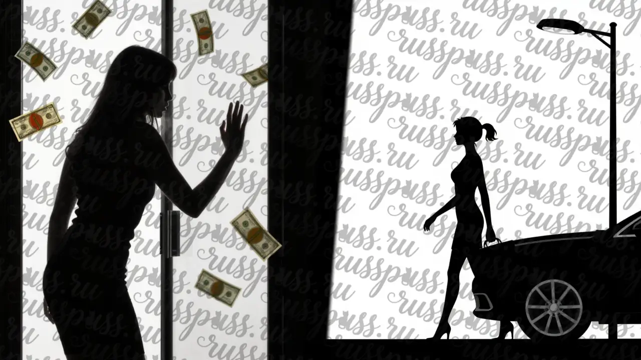 Контраст двух силуэтов: одна женщина уходит с портфелем, другая прижимается к стеклу — выбор между независимостью и зависимостью.