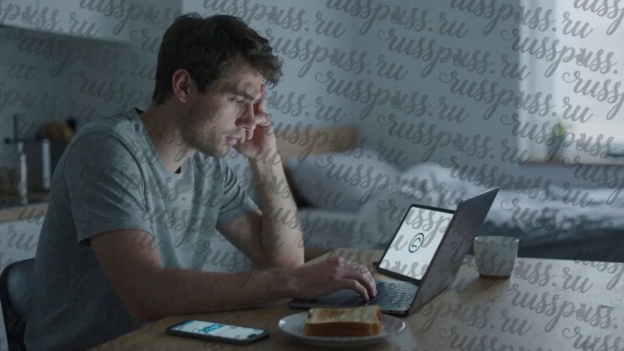 Мужчина утром делает дизайн на кухне, тихий рассвет, телефон с сообщениями.