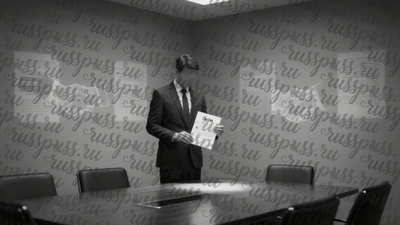 Подписанный NDA в пустом зале переговоров — символ невидимой защиты конфиденциальности.