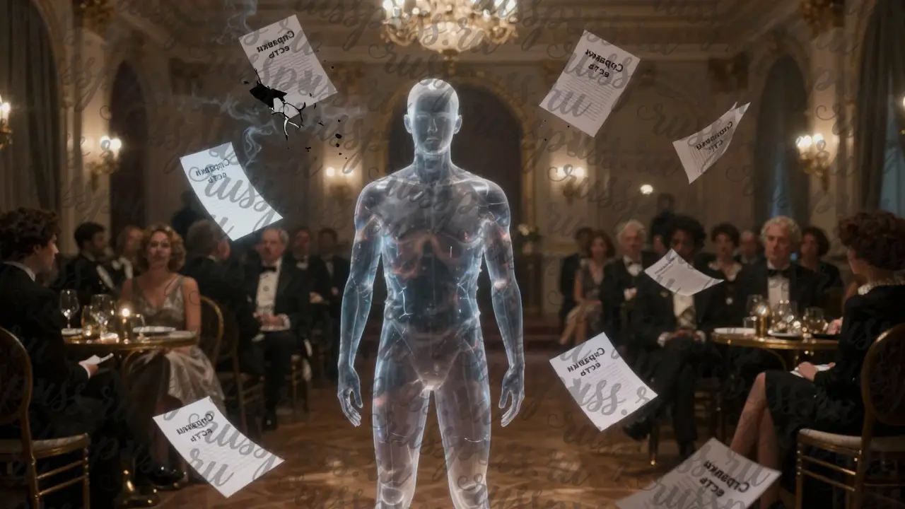 Прозрачные люди в зале, вокруг них плавают фальшивые медицинские документы.