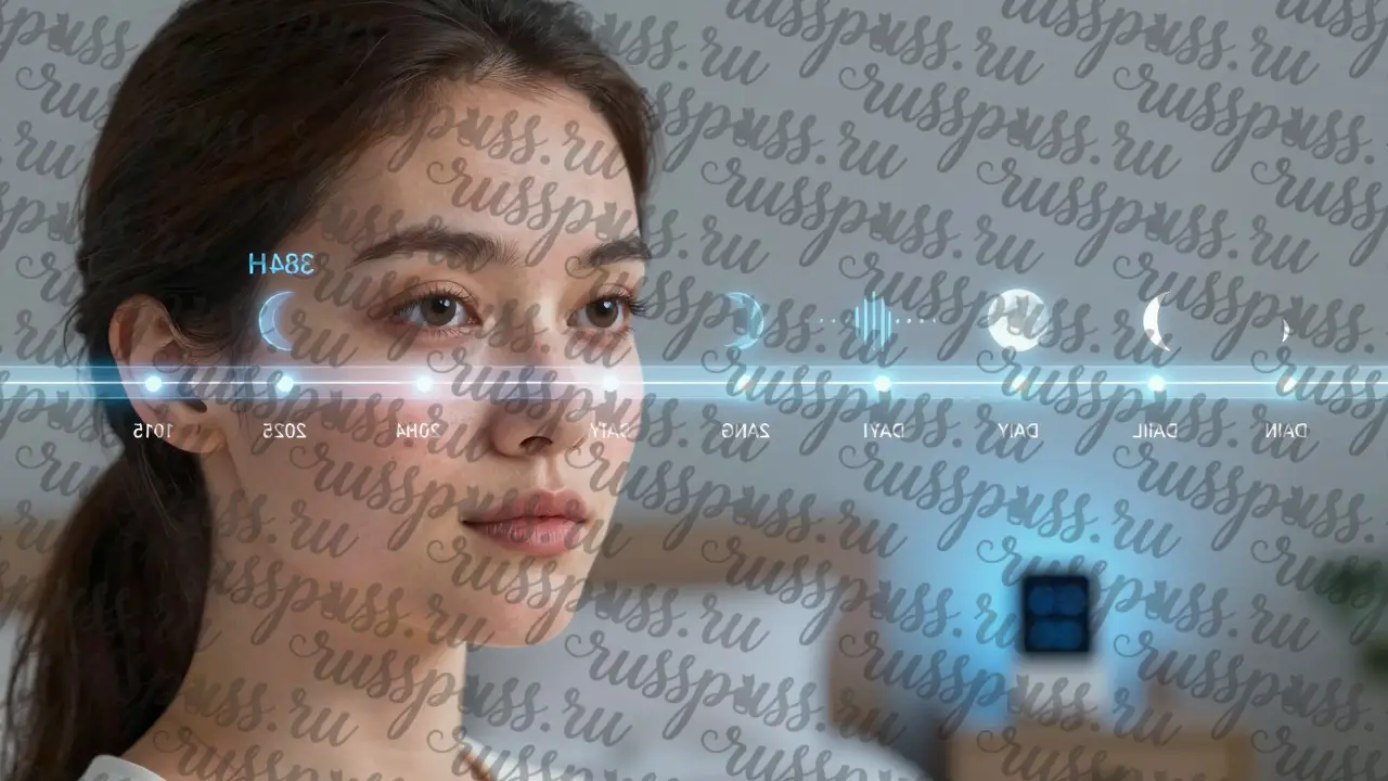 Графическое изображение лица с цифровыми слоями, показывающими изменения кожи в течение 8 недель, синхронизированные с циркадными ритмами.