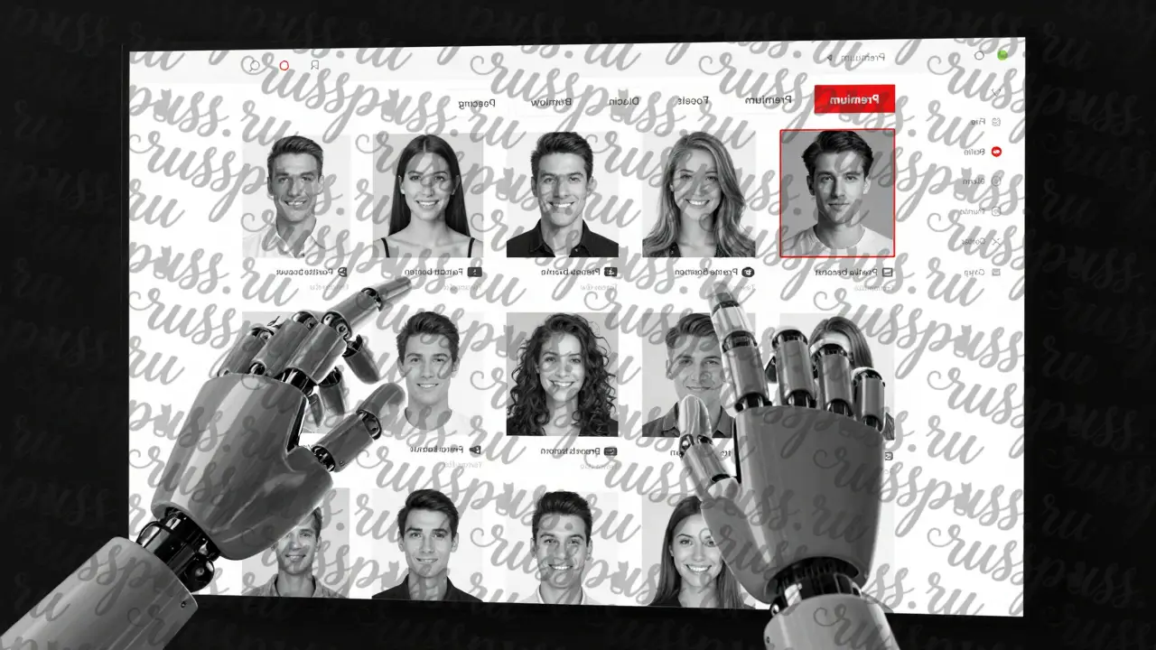 Цифровой каталог знакомств с фейковыми профилями, управляемый прозрачными роботизированными руками.