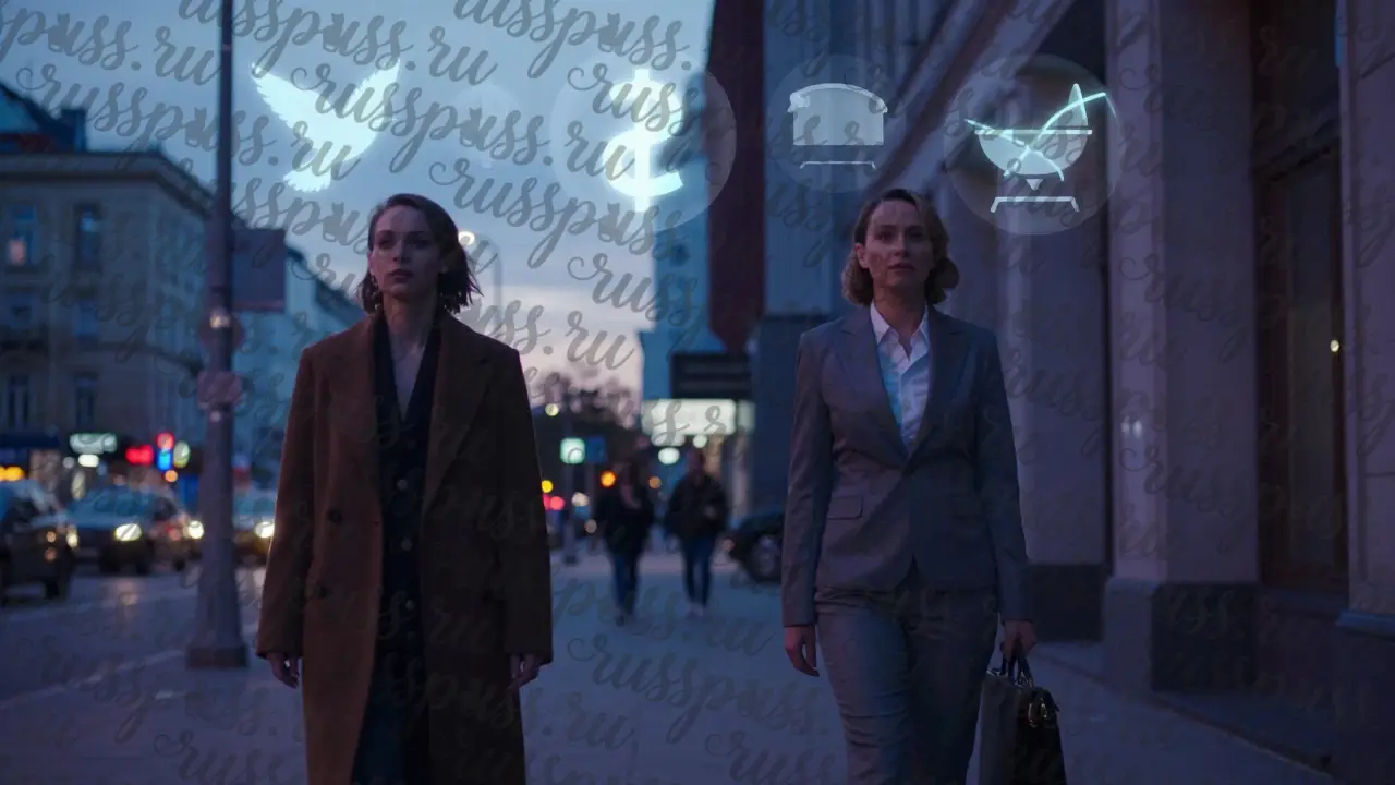 Две женщины — в офисе и на улице — символизируют свободу от социальных ожиданий в городской среде.