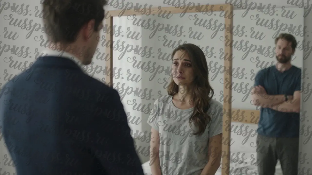 Зеркало отражает реакции пары, когда третий человек стоит в стороне, не вмешиваясь — символ внутреннего отражения.