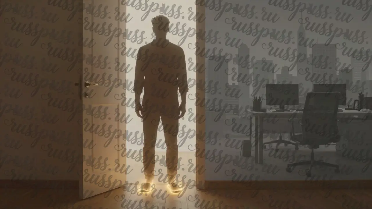 Силуэт мужчины в дверном проеме: тапочки светятся, как портал в мир уюта, за ними — тускнеющий город.