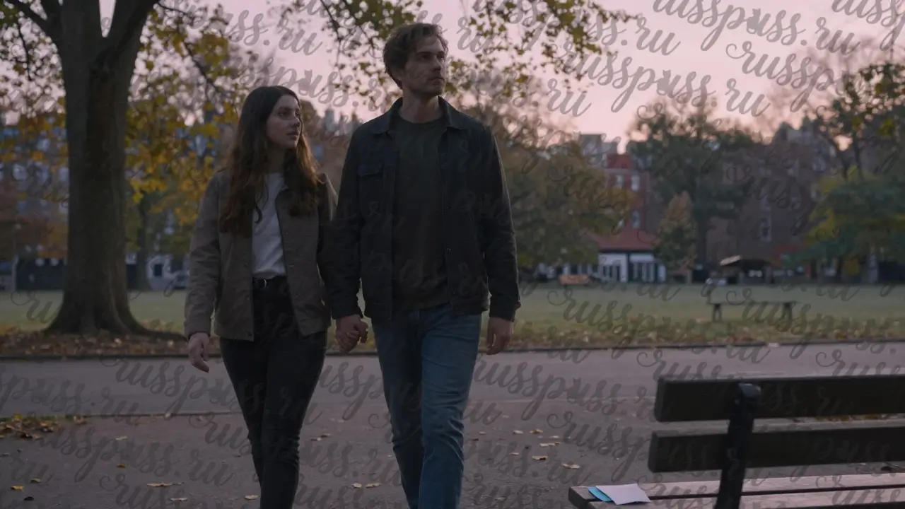 Пара гуляет на рассвете, позади — сложенный листок на скамейке, намёк на прошедшее испытание и новое начало.