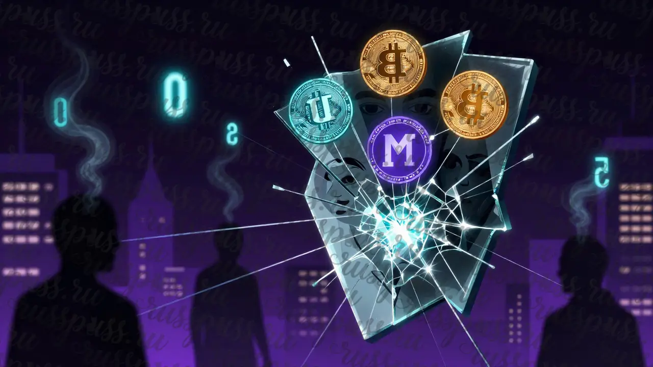 Разбитое зеркало отражает разные криптовалютные кошельки, соединённые с тенями городских фигур.