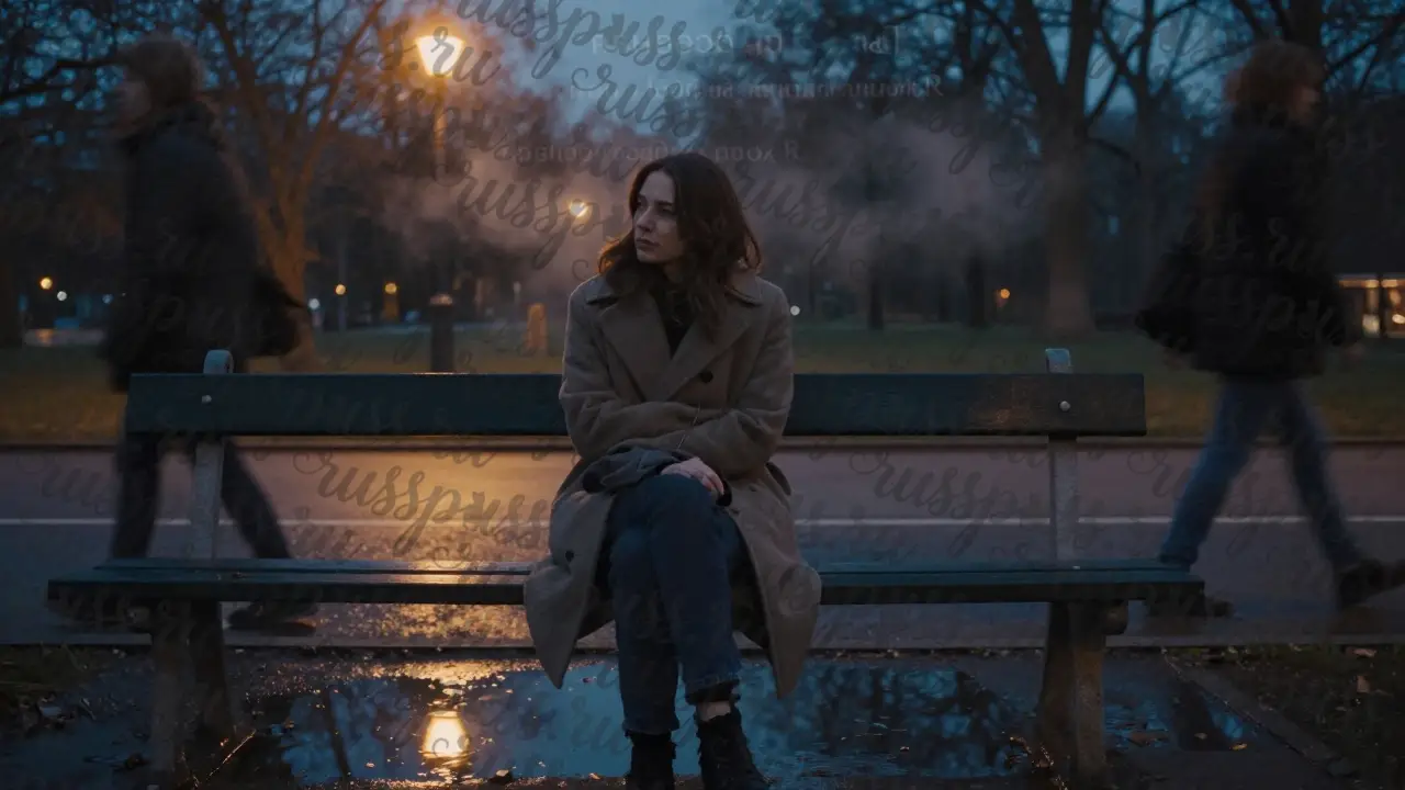 Женщина смотрит на свое отражение в луже, вокруг — размытые прохожие, слова растворяются в тумане.