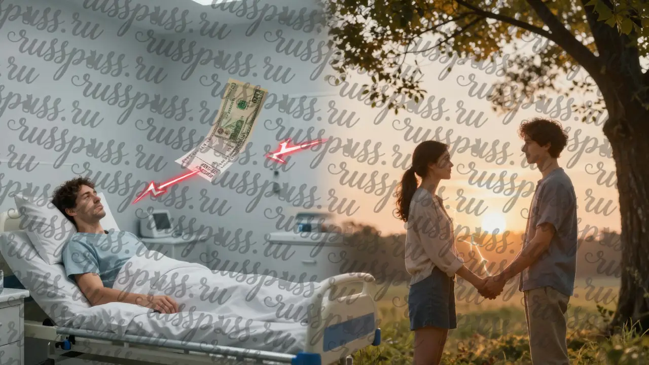 Сравнение: теплая пара на закате и одинокий человек с денежным чеком в клинике.