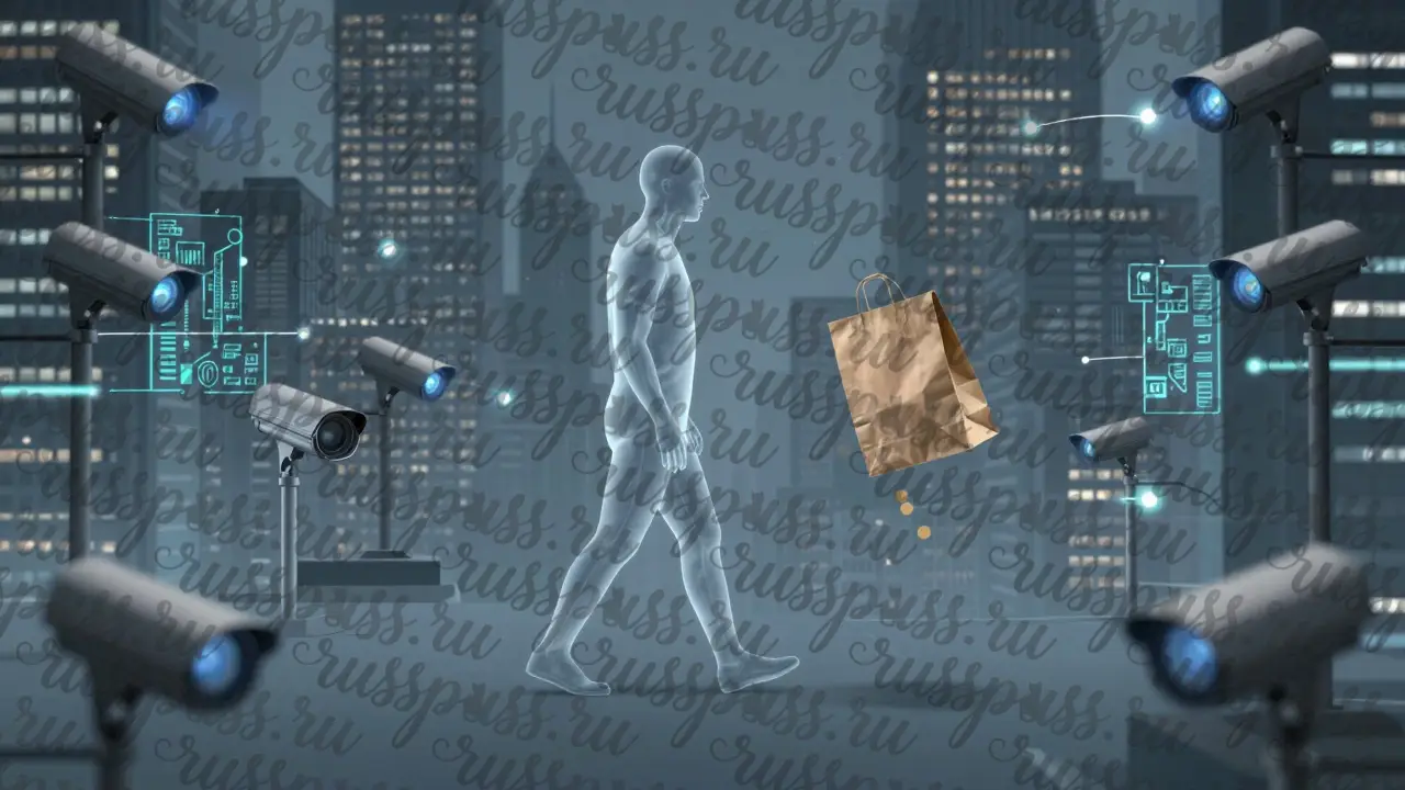 Прозрачная фигура проходит мимо камер и датчиков, оставляя за собой только пустой пакет — символ полной анонимности.