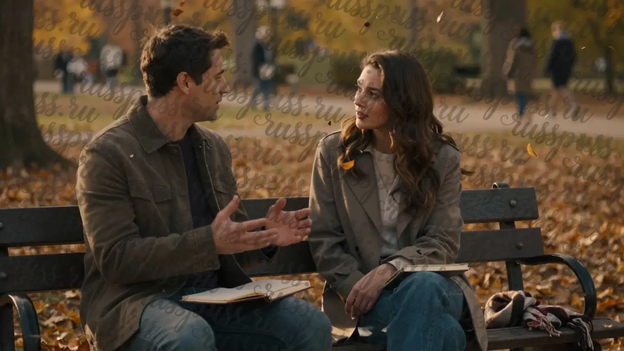 Люди на скамейке в парке на закате, один говорит, другой внимательно слушает, листья кружатся вокруг, никакого физического контакта.