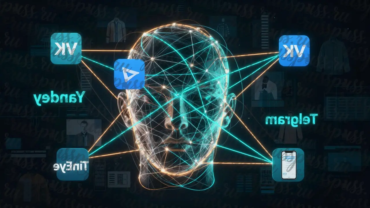 Визуализация поиска по фото через интернет-платформы, соединённые светящимися нитями.