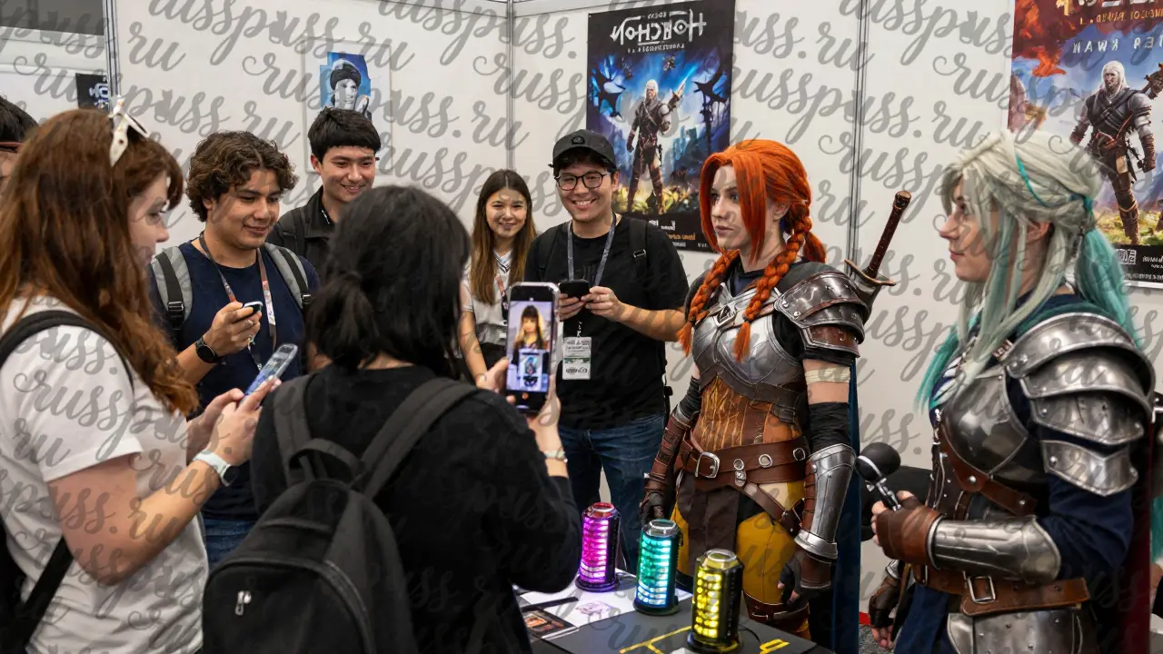 Геймерши и их партнеры на Comic Con Russia, покупают портреты и аксессуары для косплея.