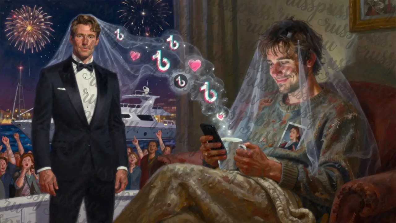 Разделённая сцена: реальный мужчина в свитере и его идеализированная версия как актёр в смокинге, между ними — вспышки соцсетей.