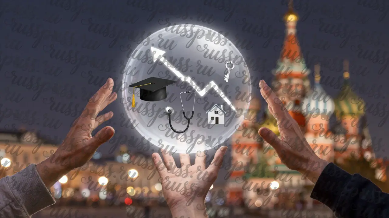 Три руки тянутся к прозрачному шару с символами финансовой стабильности: дом, график, медицина, диплом.