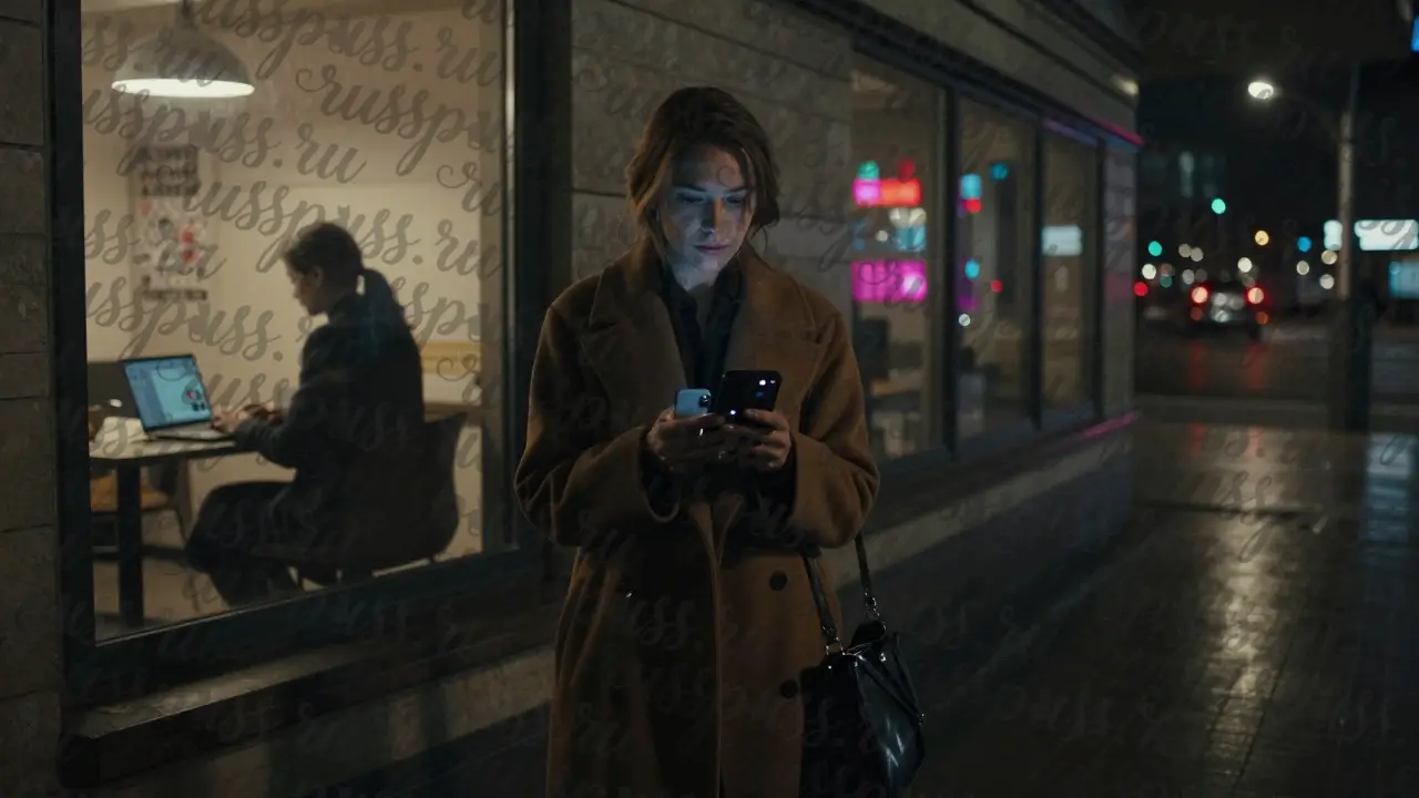 Женщина вечером в Москве с двумя телефонами, идущая к месту подработки.