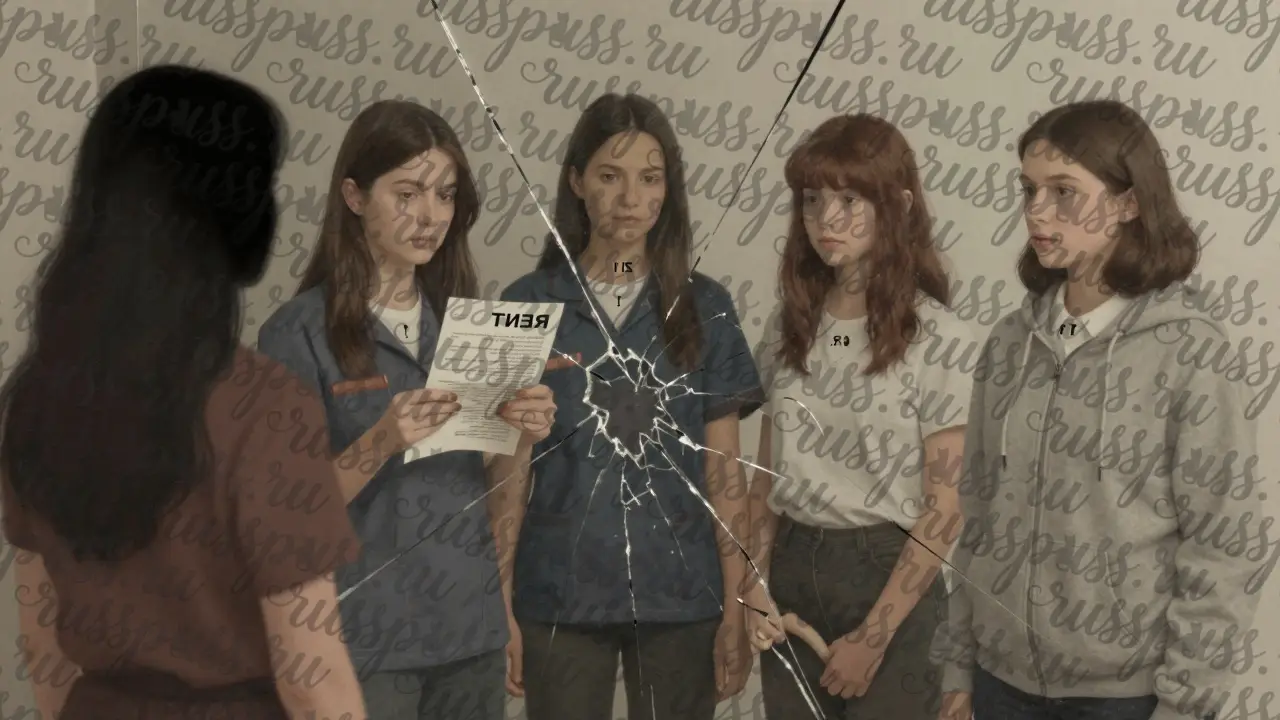 Разбитое зеркало с пятью разными женщинами, отражающими мифы о интим-услугах.