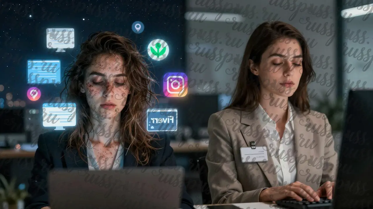 Двойной портрет женщины: офисный образ и ночная подработка, освещённая экранами.