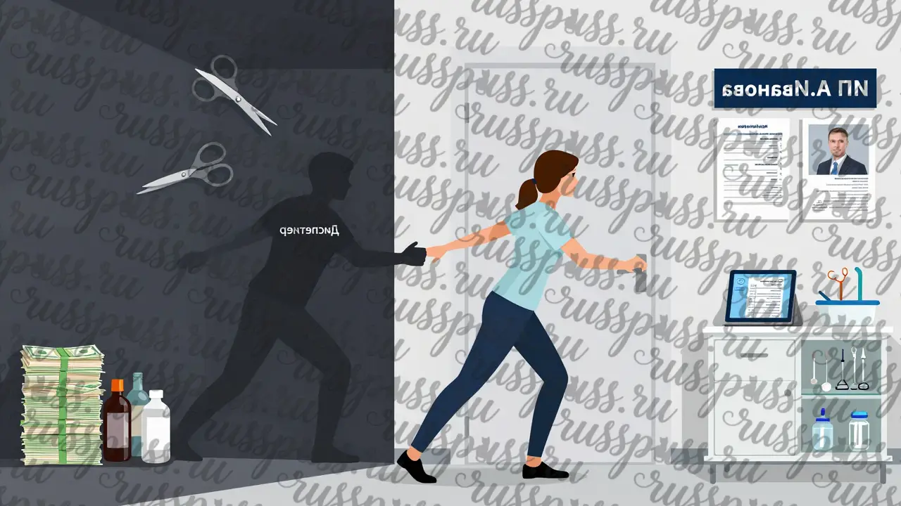 Женщина в легальном рабочем пространстве с чеком и стерилизатором, тень диспетчера тянет её в тень с деньгами и ножницами.
