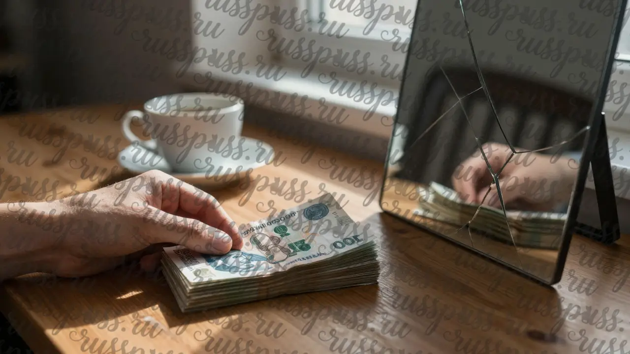 Деньги на столе, в зеркале — пустой стул и чашка кофе, символ транзакционной одиночества.