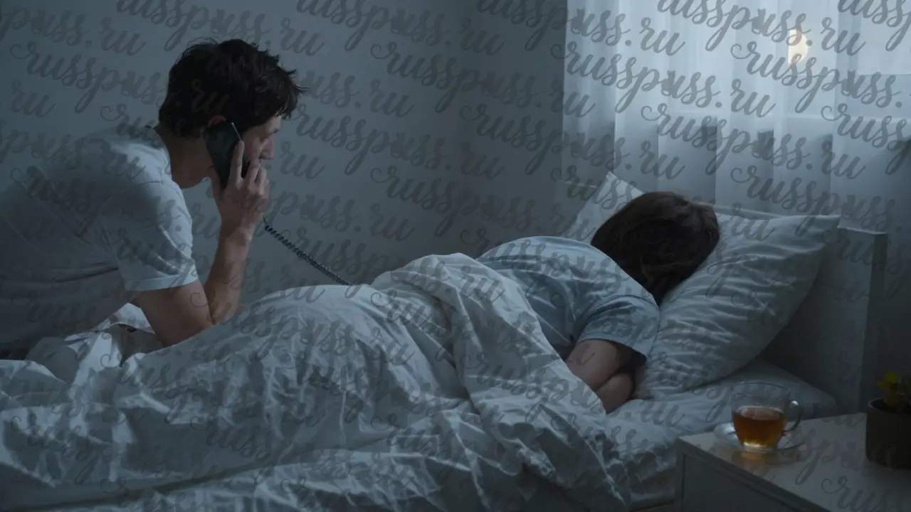 Женщина лежит в постели, мужчина разговаривает по телефону, между ними — тишина и дистанция.