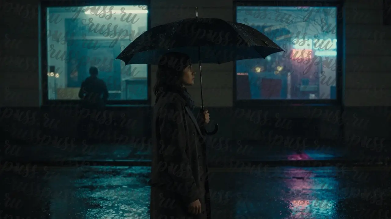 Женщина стоит под дождем, глядя на окно, где виднеется силуэт мужчины.