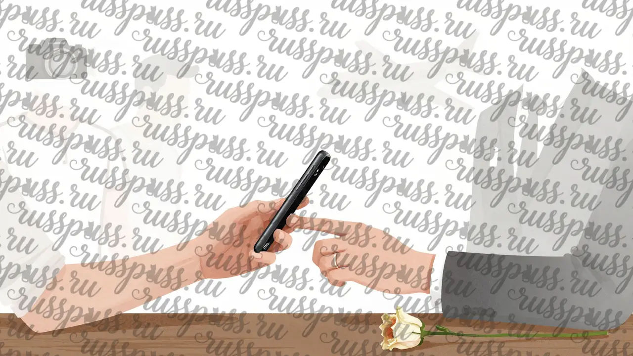 Две руки держатся за руки, одна с кольцом, другая с разбитым телефоном, вокруг — исчезающие стереотипы мужчины.