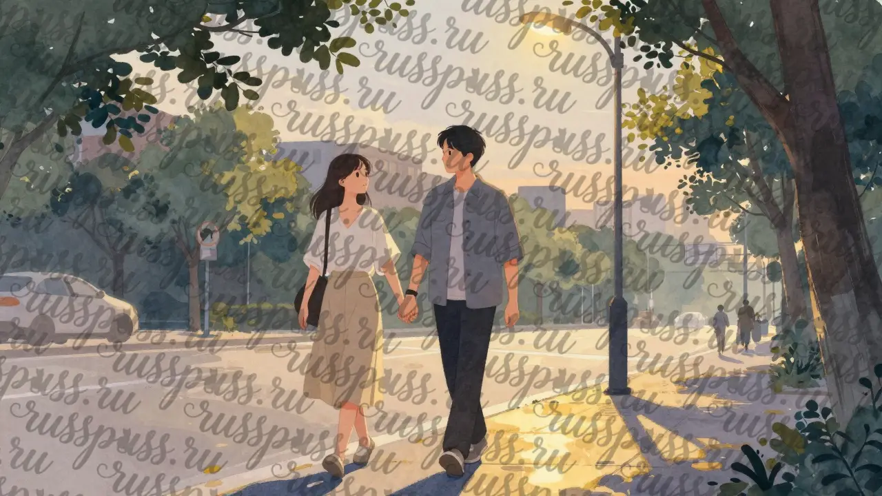 Пара идет по улице в сумерках, их руки почти соприкасаются, но не касаются.