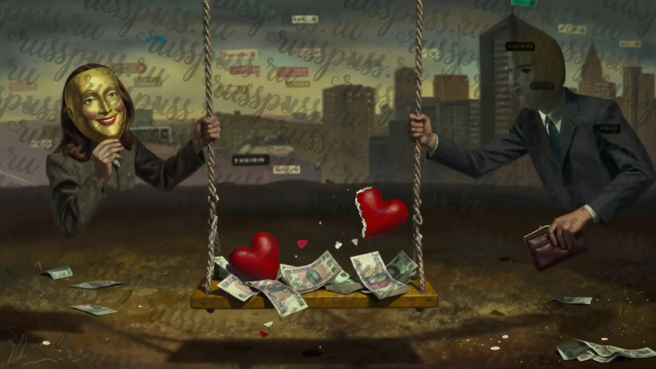 Качели из денег и сердец качаются над пустотой, символизируя эмоциональную зависимость в платных отношениях.