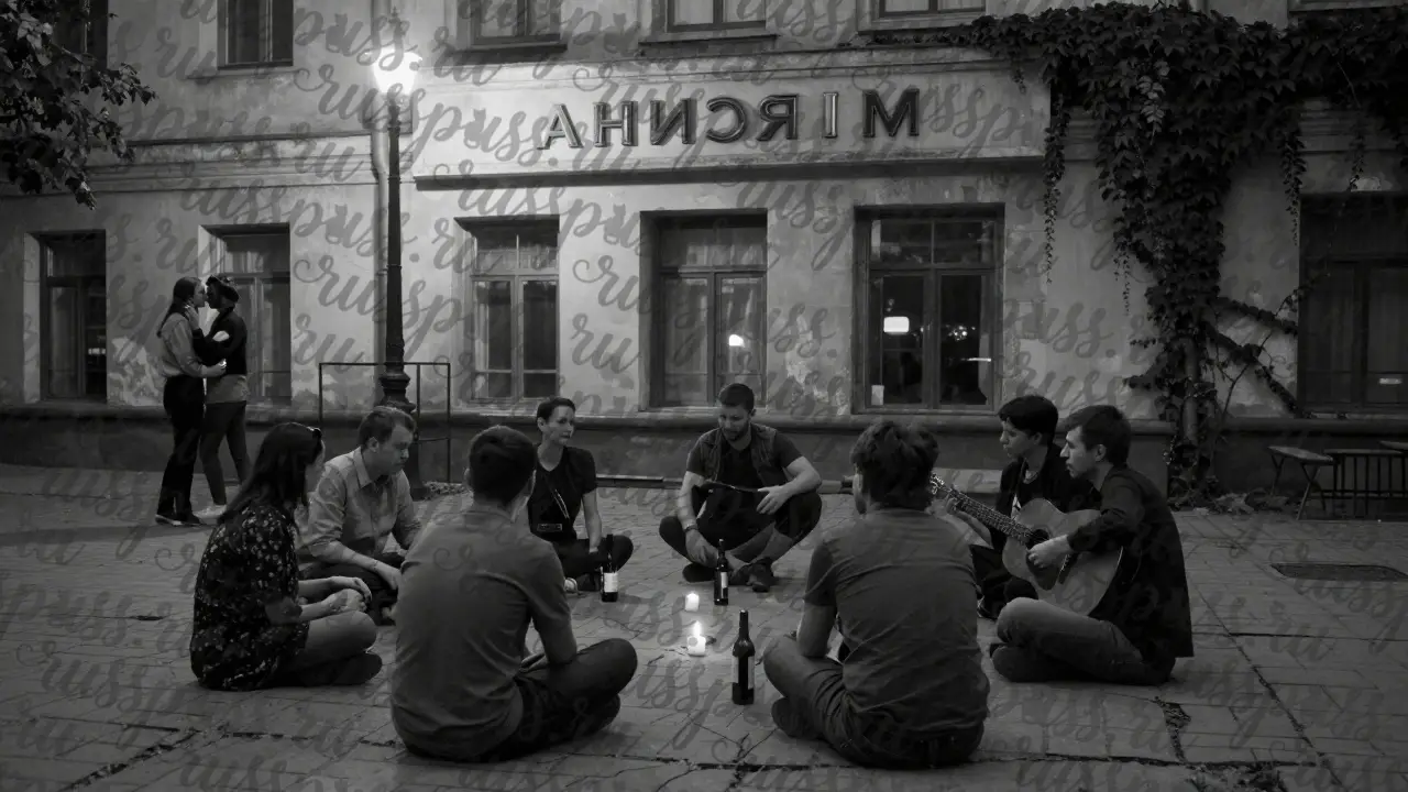 Двор в Волгограде, люди делятся вином и целуются в тишине.