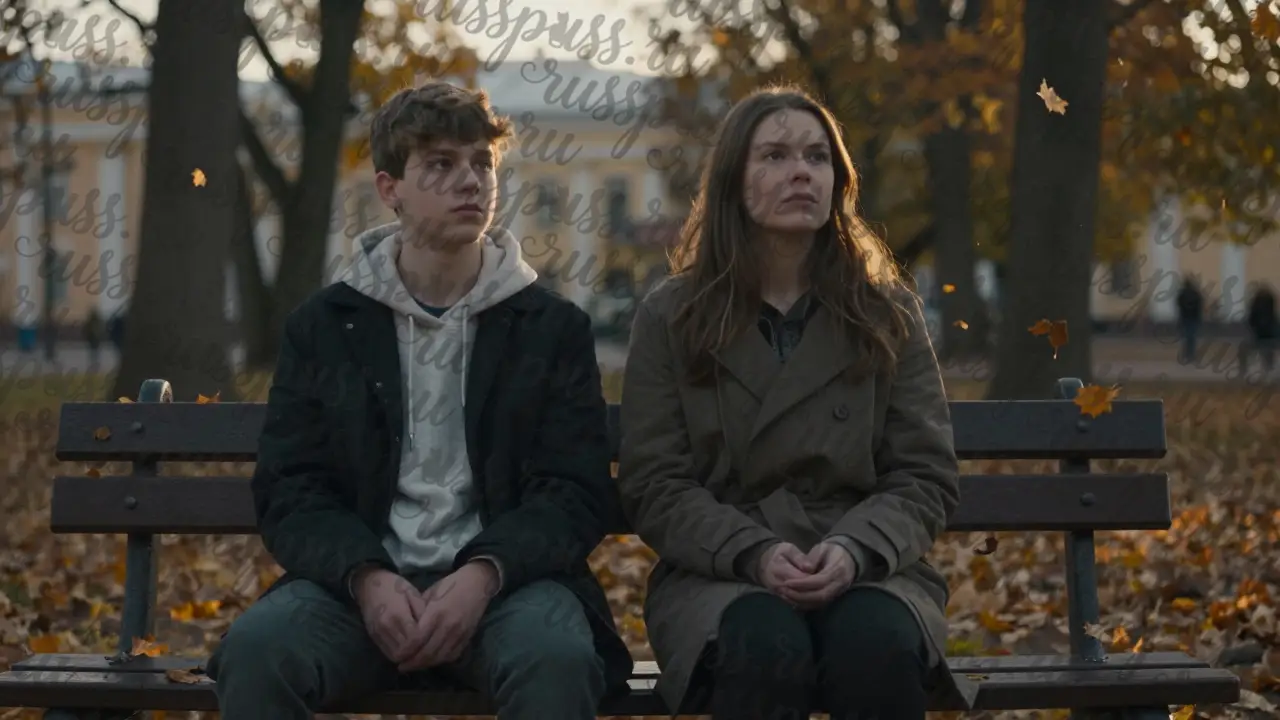 Подросток и женщина на скамейке в парке, тихий закат, никаких гаджетов.