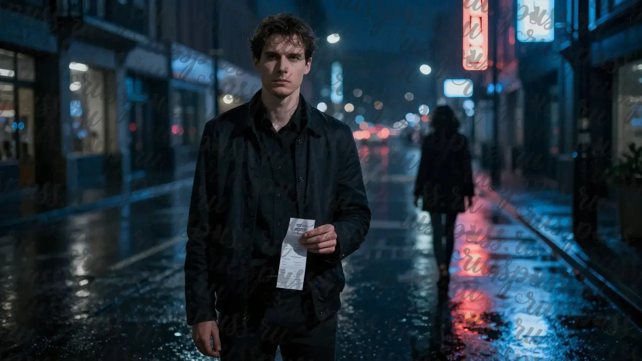 Мужчина стоит один на мокрой улице, глядя, как женщина уходит, его лицо пусто.